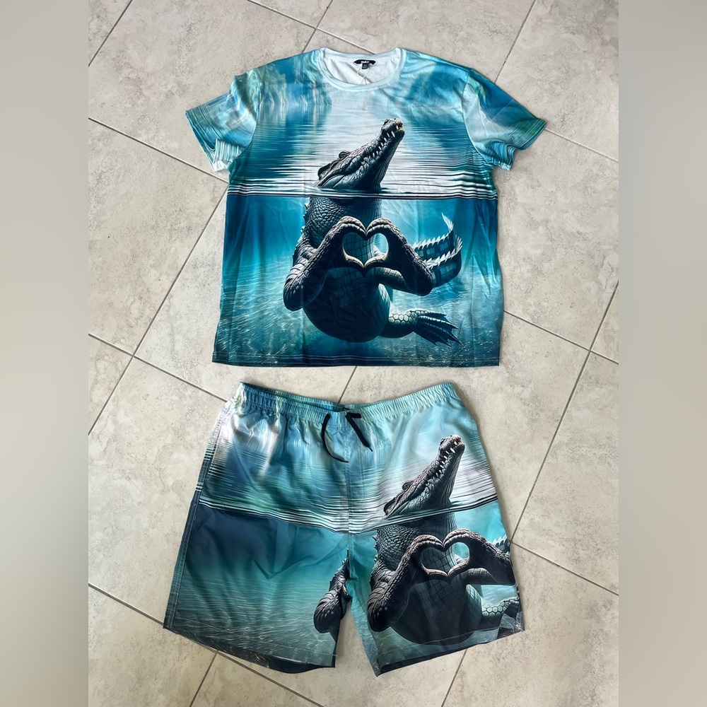Not available til April
Men’s Swim Set fun design swim trunks & matching T-Shirt